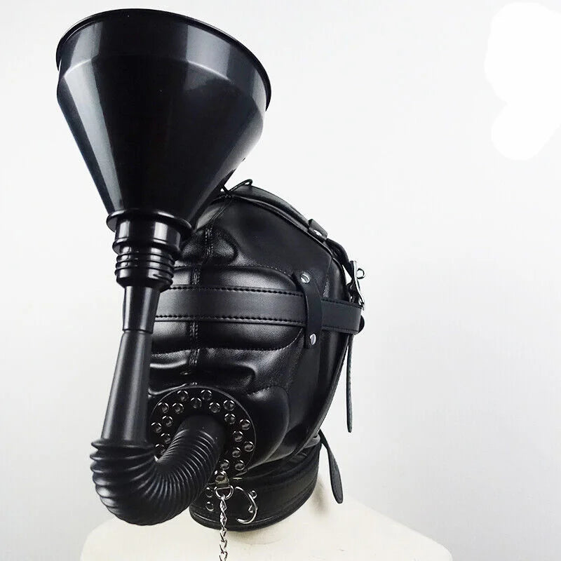 PU Leather Padded Hood Funnel Mouth Gag Blindfold Head Restraint Harness Mask BDSM Bondage Gimp Sexy Costume Sex Toys