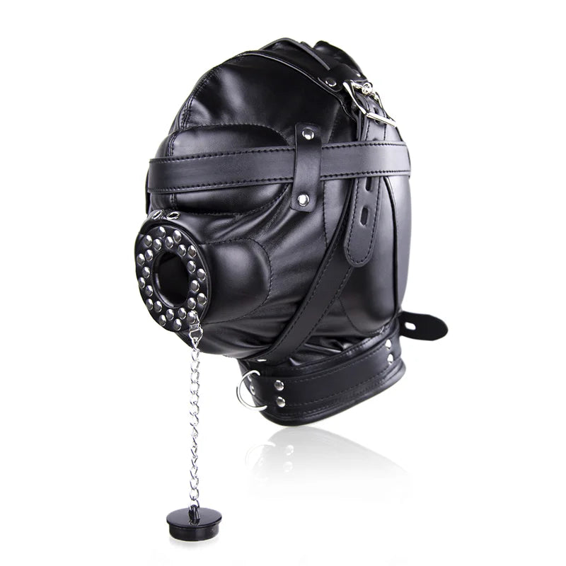 PU Leather Padded Hood Funnel Mouth Gag Blindfold Head Restraint Harness Mask BDSM Bondage Gimp Sexy Costume Sex Toys