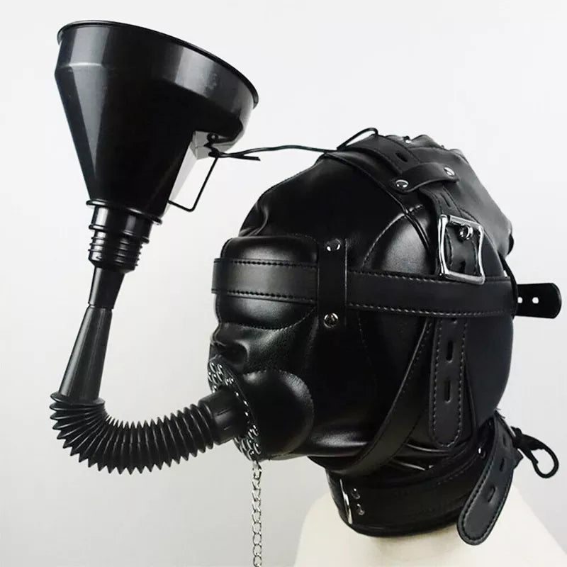 PU Leather Padded Hood Funnel Mouth Gag Blindfold Head Restraint Harness Mask BDSM Bondage Gimp Sexy Costume Sex Toys